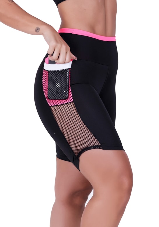 Bermuda fitness com bolso tela e neon rosa com preto