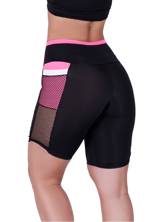Bermuda fitness com bolso tela e neon rosa com preto