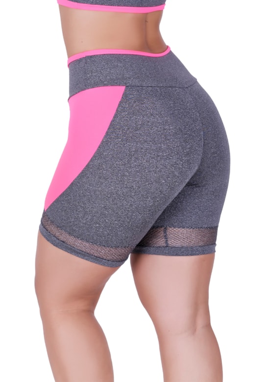 Bermuda fitness com detalhes em tela e neon rosa com mescla