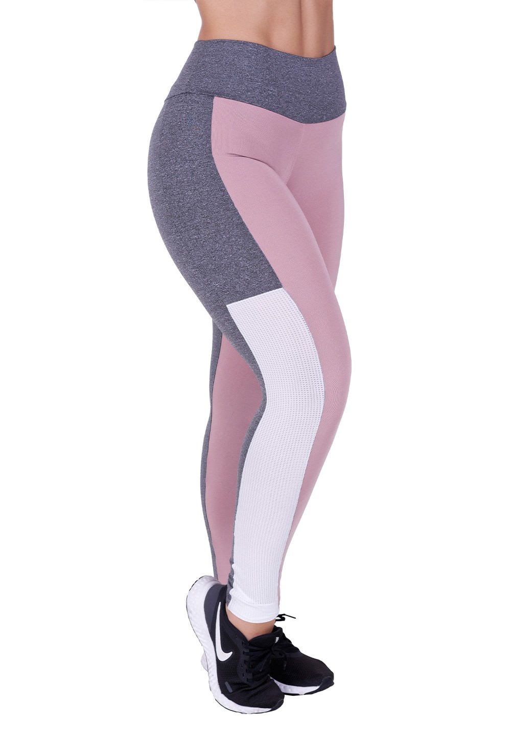 Calça legging fitness bicolor com tela nas laterais preta com rosa