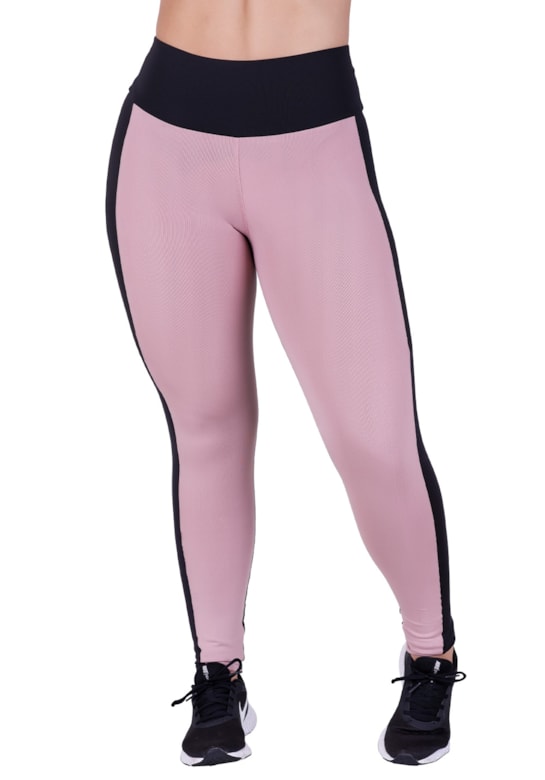 Calça legging fitness bicolor com tela nas laterais preta com rosa romance