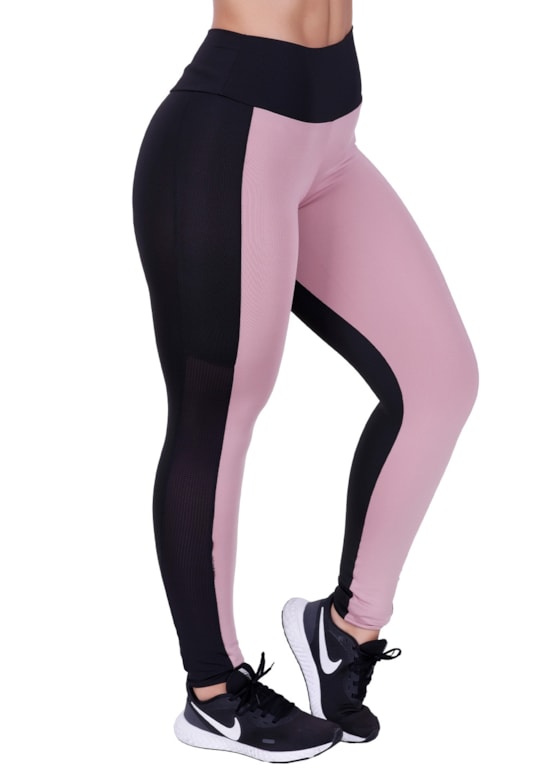 Calça legging fitness bicolor com tela nas laterais preta com rosa romance