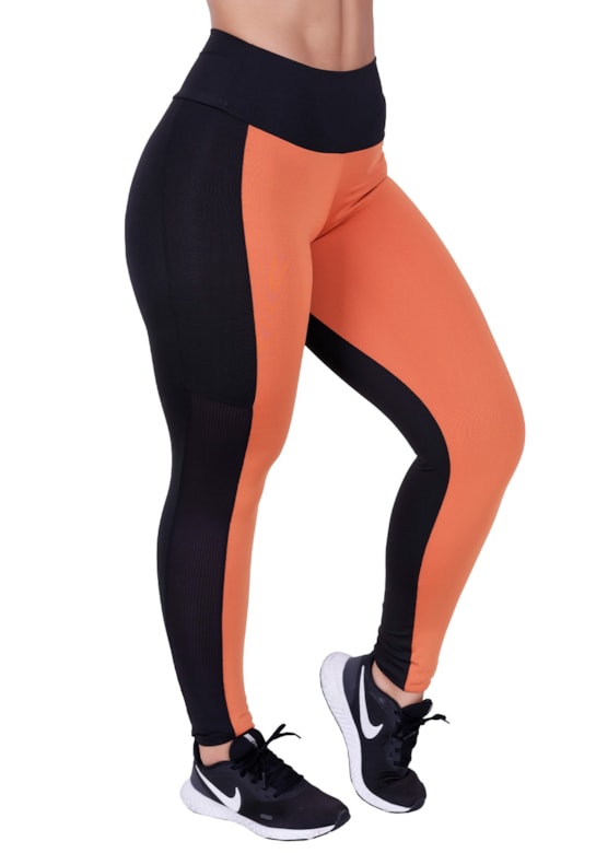 Calça legging fitness bicolor com tela nas laterais preta com terra