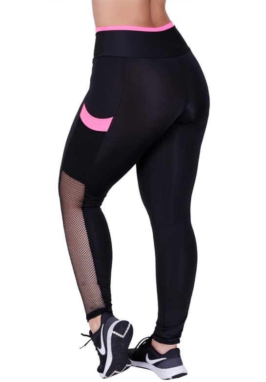 Calça legging fitness com bolso tela e neon rosa com preto