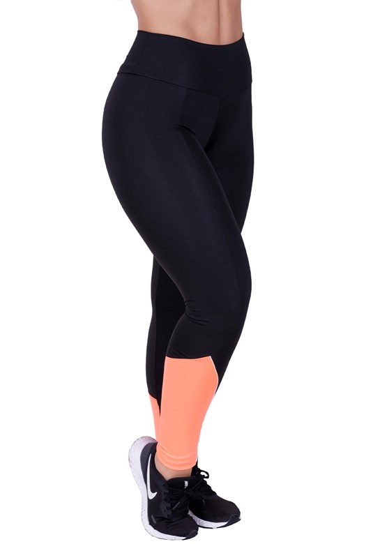 Calça legging fitness com detalhes em neon laranja com preto