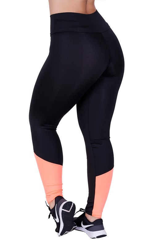Calça legging fitness com detalhes em neon laranja com preto