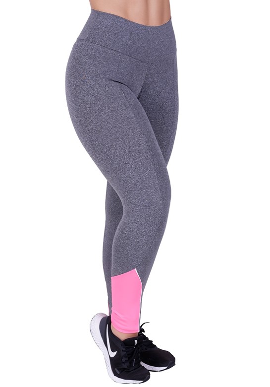 Calça legging fitness com detalhes em neon rosa com mescla