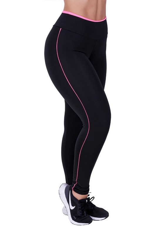 Calça legging fitness com detalhes em neon rosa com preto