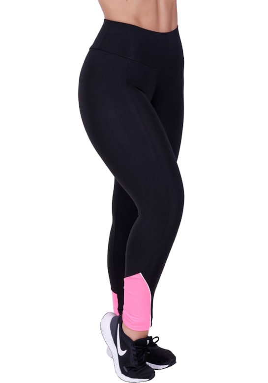 Calça legging fitness com detalhes em neon rosa com preto