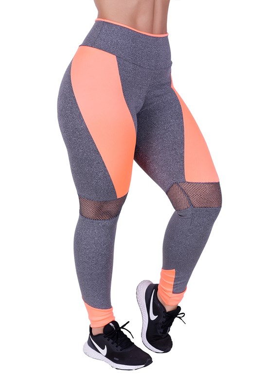 Calça legging fitness com detalhes em tela e neon laranja com mescla
