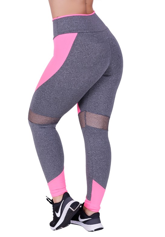 Calça legging fitness com detalhes em tela e neon rosa com mescla