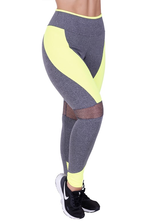 Calça legging fitness com detalhes em tela e neon verde com mescla
