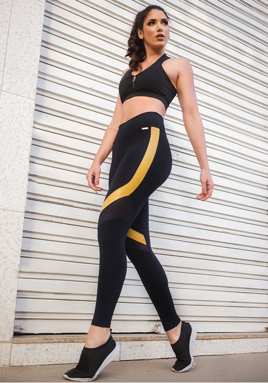 Calça legging fitness em poliamida com detalhes em tela cós duplo largo preto