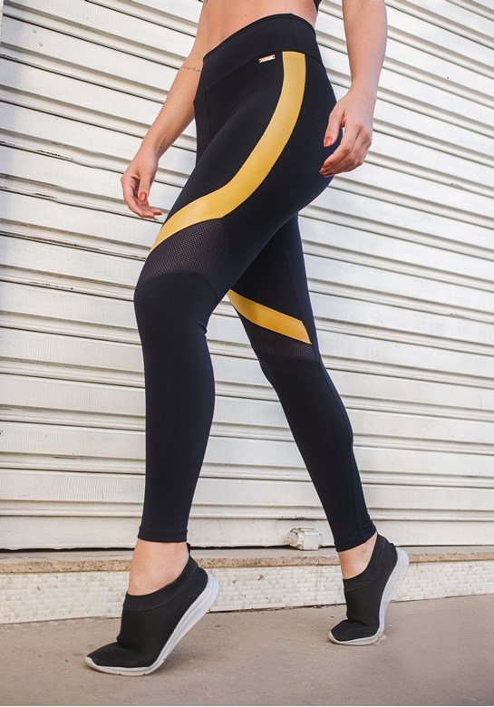 Calça legging fitness em poliamida com detalhes em tela cós duplo largo preto