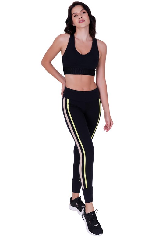 Calça legging fitness em poliamida cós duplo largo com listras laterais preto