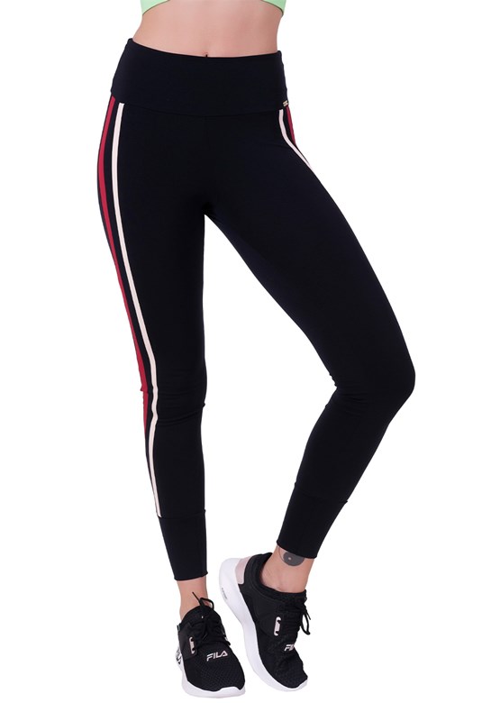 Calça legging fitness em poliamida cós duplo largo com listras laterais preto