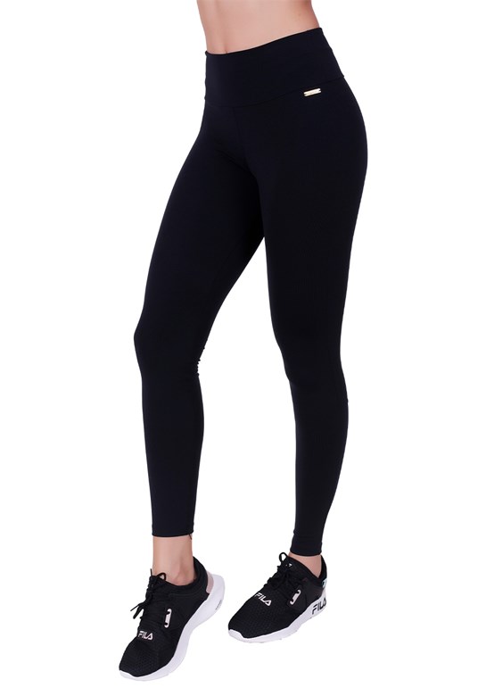 Calça legging fitness em poliamida cós largo preto