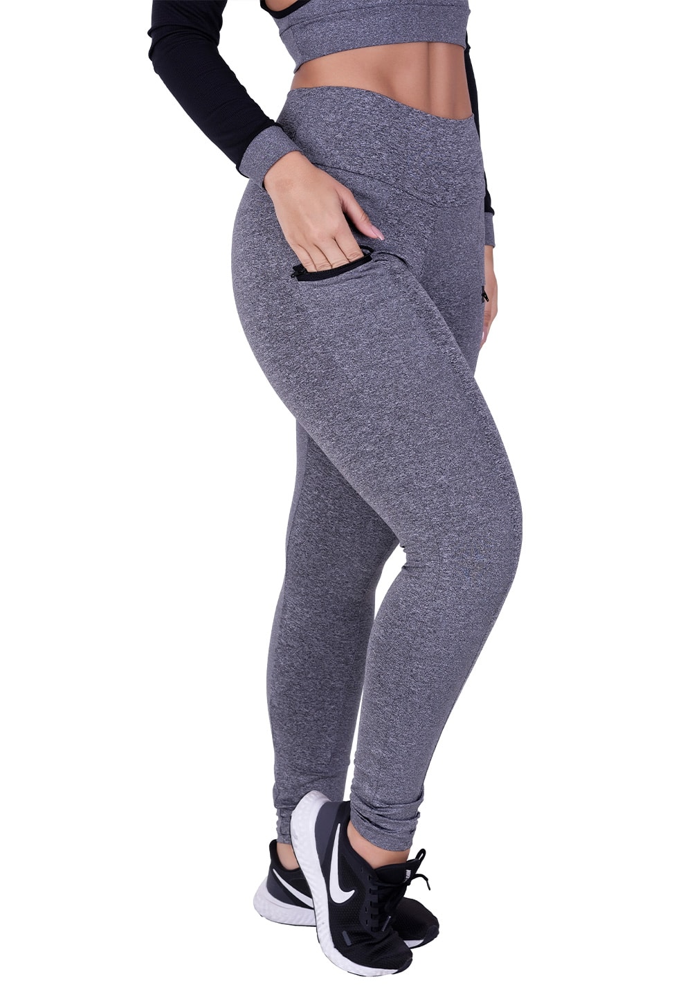 Calça legging fitness montaria com bolso e cós largo mescla cinza