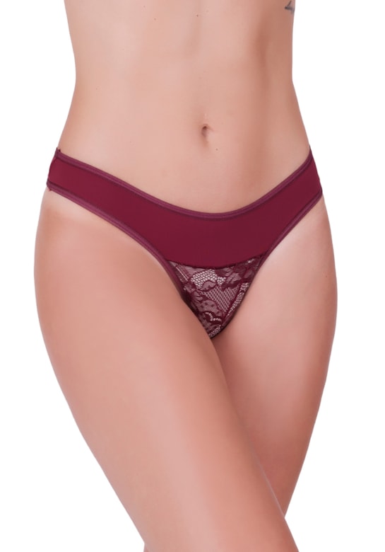 Calcinha / tanga fio sexy em poliamida e renda vinho rubro