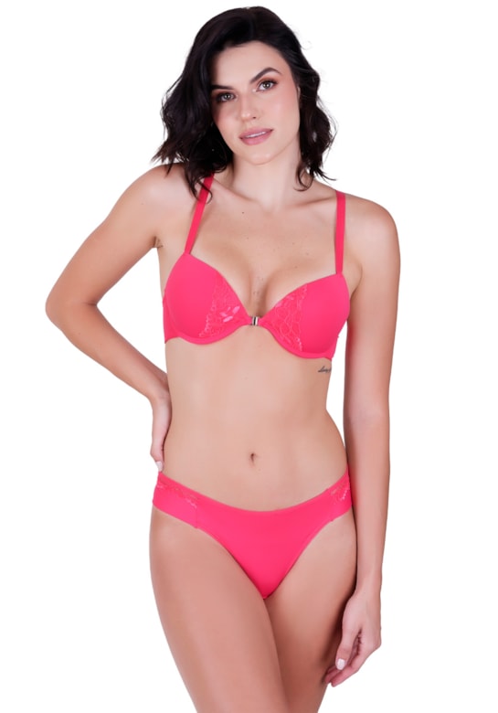 Conjunto fio duplo sensual com bojo e arco em poliamida e renda rosa frutilly