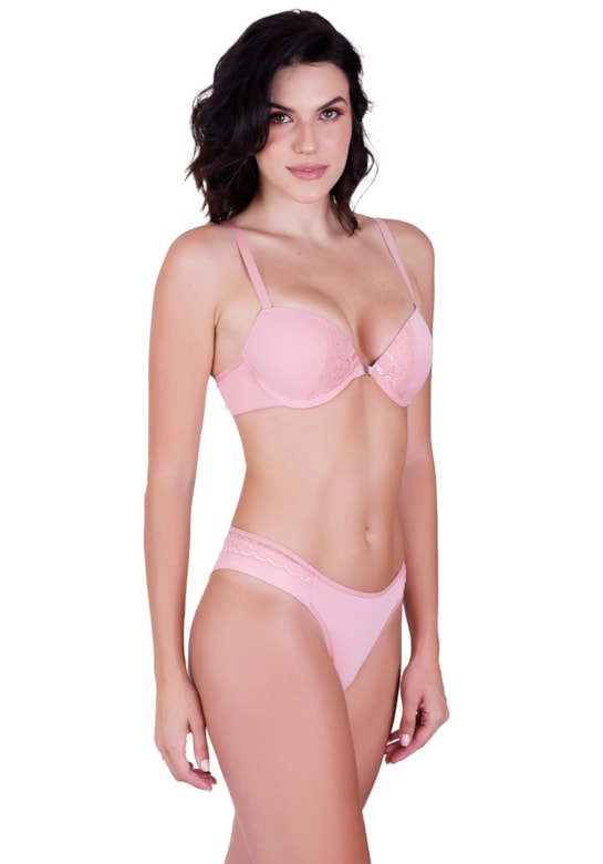 Conjunto fio duplo sensual com bojo e arco em poliamida e renda rosa romance