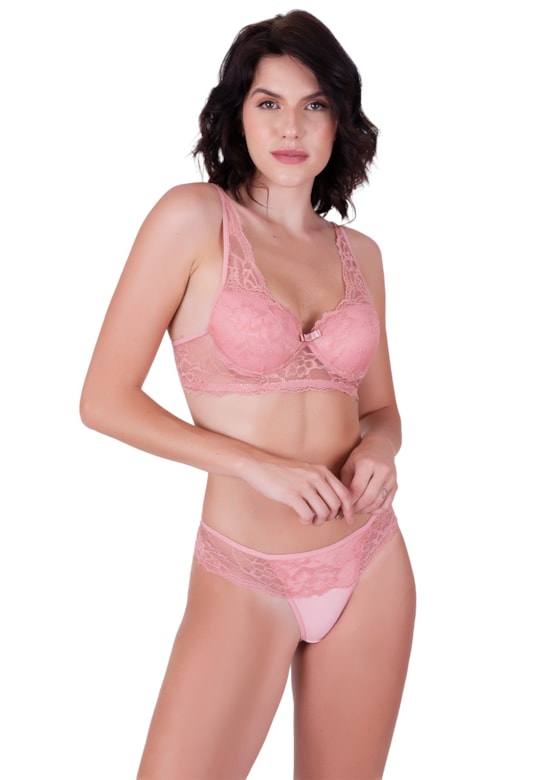 Conjunto fio luxo sensual com bojo e arco em poliamida lisa e renda rosa romance