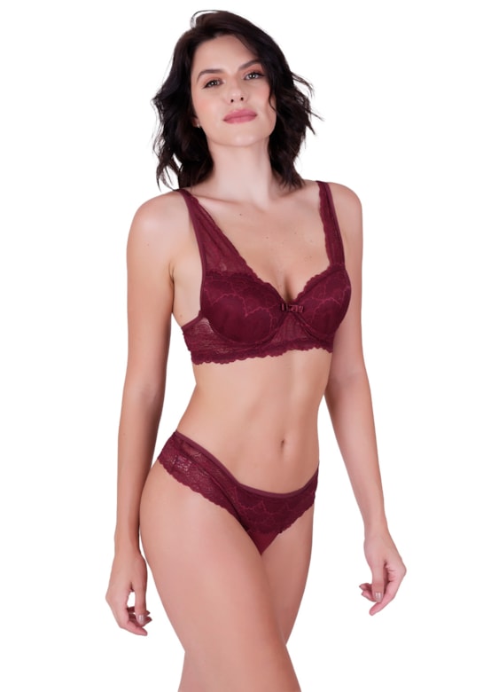 Conjunto fio luxo sensual com bojo e arco em poliamida lisa e renda vinho rubro