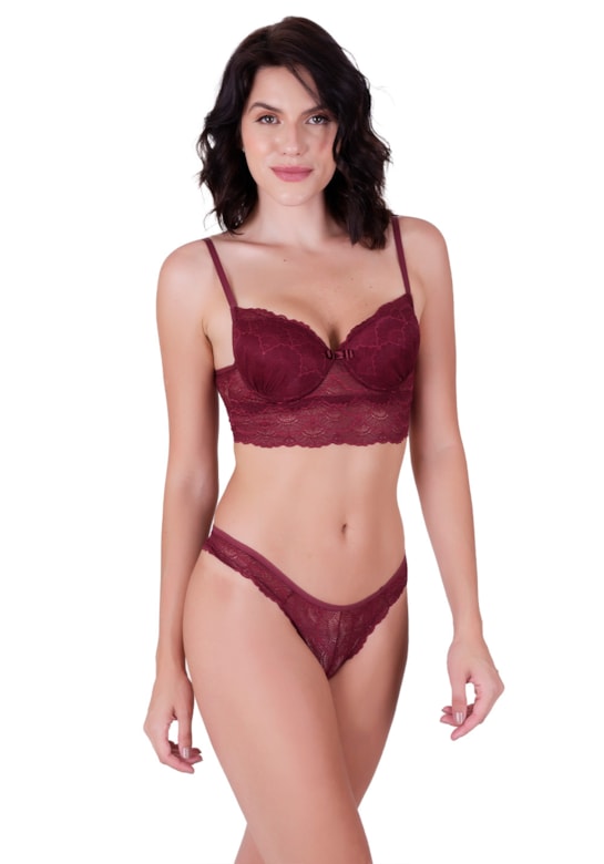 Conjunto fio luxo sensual com bojo estilo cropped em renda de poliamida vinho rubro