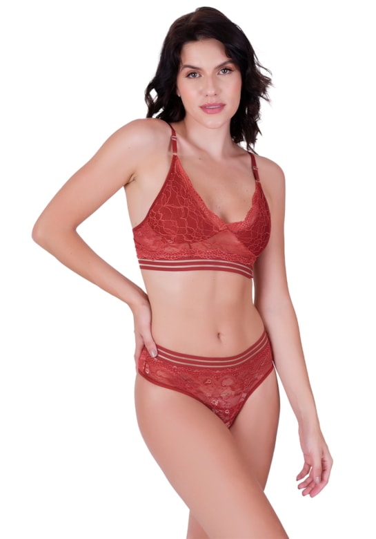 Conjunto fio luxo sensual sem bojo estilo cropped em renda de poliamida cós alto terra