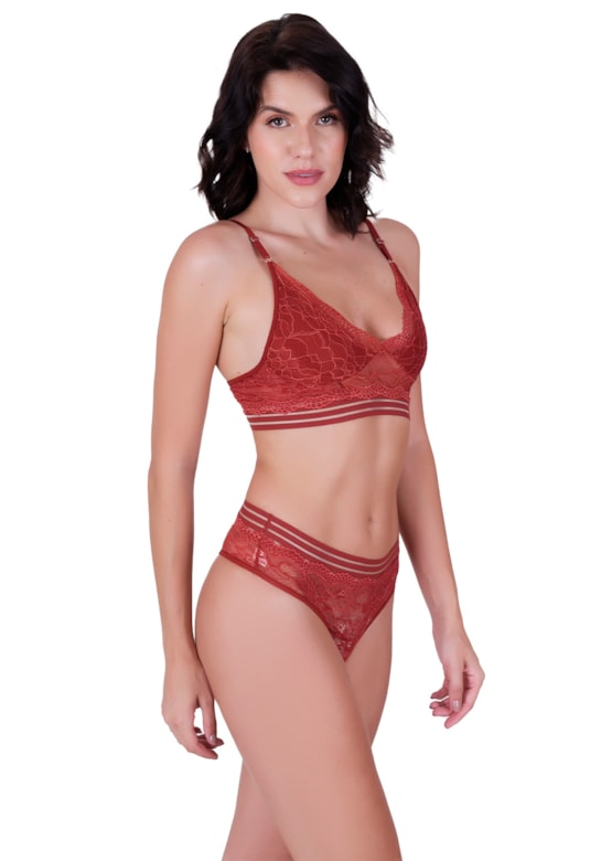 Conjunto fio luxo sensual sem bojo estilo cropped em renda de poliamida cós alto terra