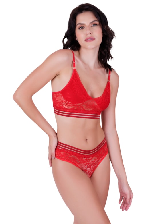 Conjunto fio luxo sensual sem bojo estilo cropped em renda de poliamida cós alto vermelho