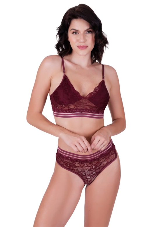 Conjunto fio luxo sensual sem bojo estilo cropped em renda de poliamida cós alto vinho rubro