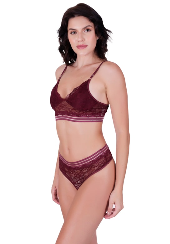 Conjunto fio luxo sensual sem bojo estilo cropped em renda de poliamida cós alto vinho rubro