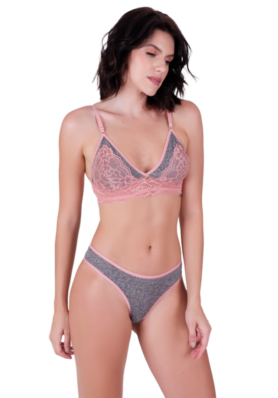 Conjunto fio sensual sem bojo em tecido mescla e renda de poliamida romance
