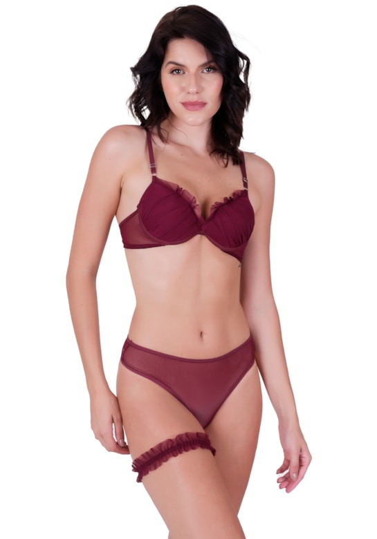 Conjunto fio sexy transparente com bojo em tule de poliamida acompanha perneira vinho rubro