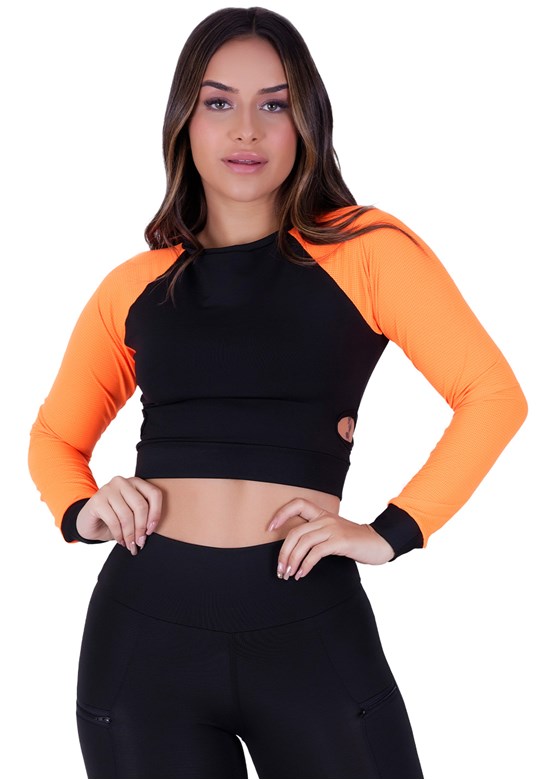Cropped / top fitness mangas longas em tela laranja com preto