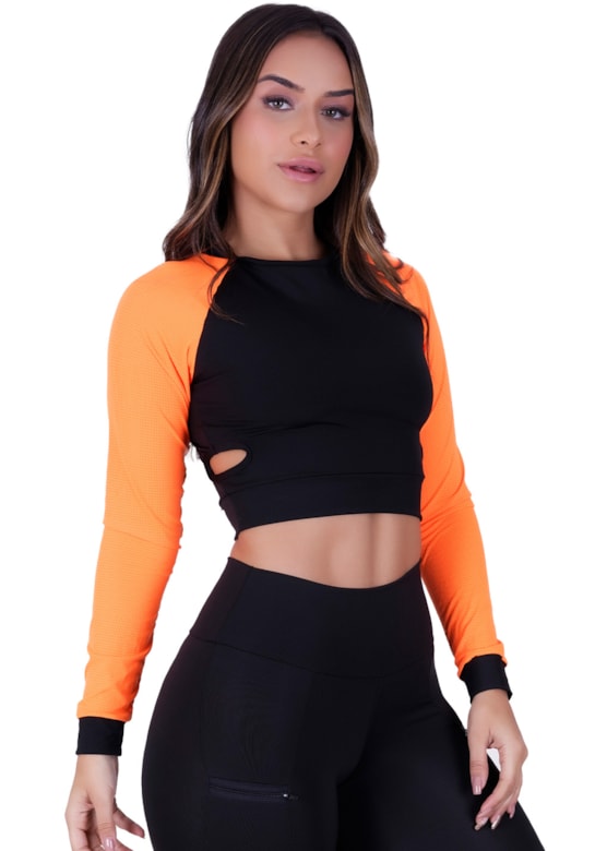 Cropped / top fitness mangas longas em tela laranja com preto