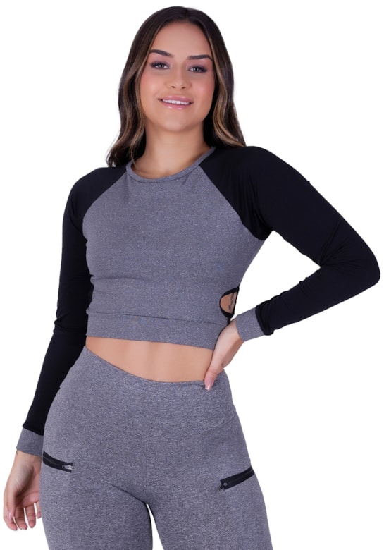 Cropped / top fitness mangas longas em tela preto com mescla