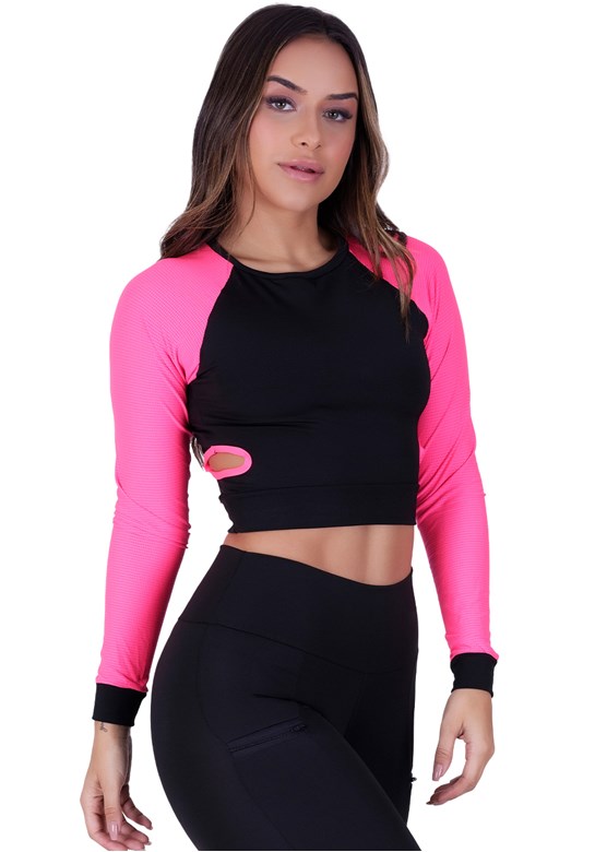 Cropped / top fitness mangas longas em tela rosa com preto