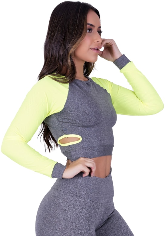 Cropped / top fitness mangas longas em tela verde com mescla