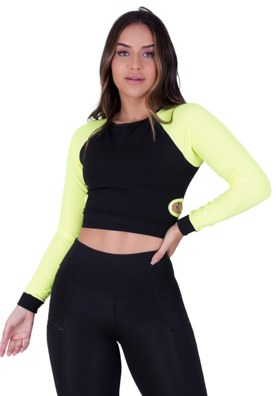 Cropped / top fitness mangas longas em tela verde com preto