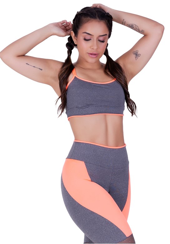 Top fitness alças duplas finas com detalhes em neon laranja com mescla