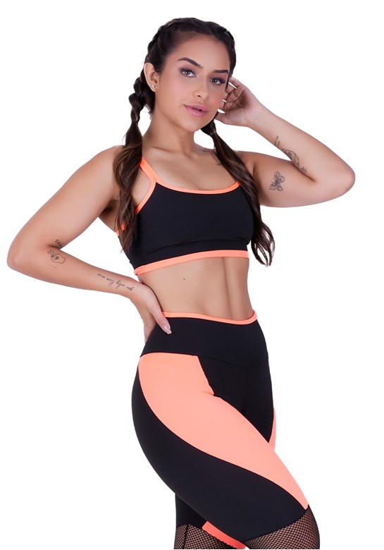 Top fitness alças duplas finas com detalhes em neon laranja com preto