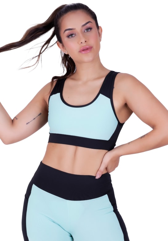 Top fitness bicolor sem bojo preto com verde