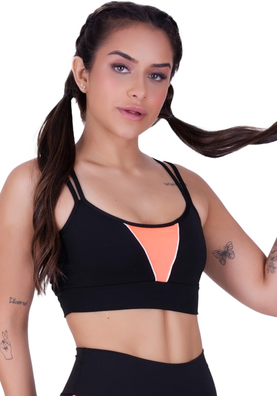 Top fitness com alças duplas finas e detalhes em neon laranja com preto