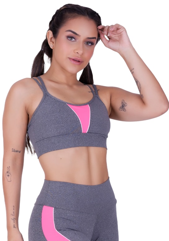 Top fitness com alças duplas finas e detalhes em neon rosa com mescla