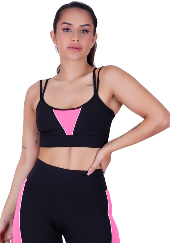 Top fitness com alças duplas finas e detalhes em neon rosa com preto