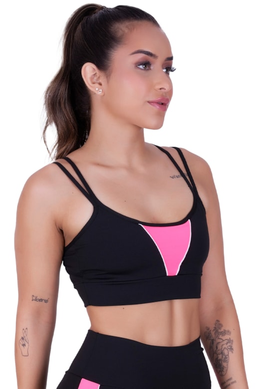 Top fitness com alças duplas finas e detalhes em neon rosa com preto