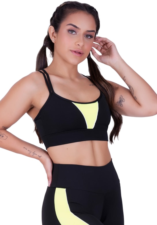 Top fitness com alças duplas finas e detalhes em neon verde com preto