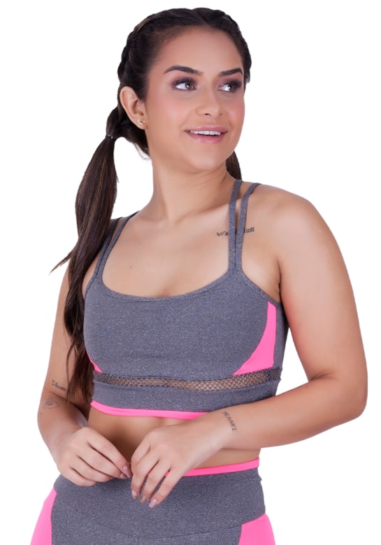 Top fitness com alças duplas finas e detalhes em tela e neon rosa com mescla